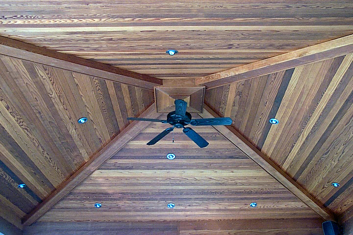 Close up of lights and fan on custom arbor constructed in Silver Creek built by Jack Cannon General Contractor with Lynstar Enterprises